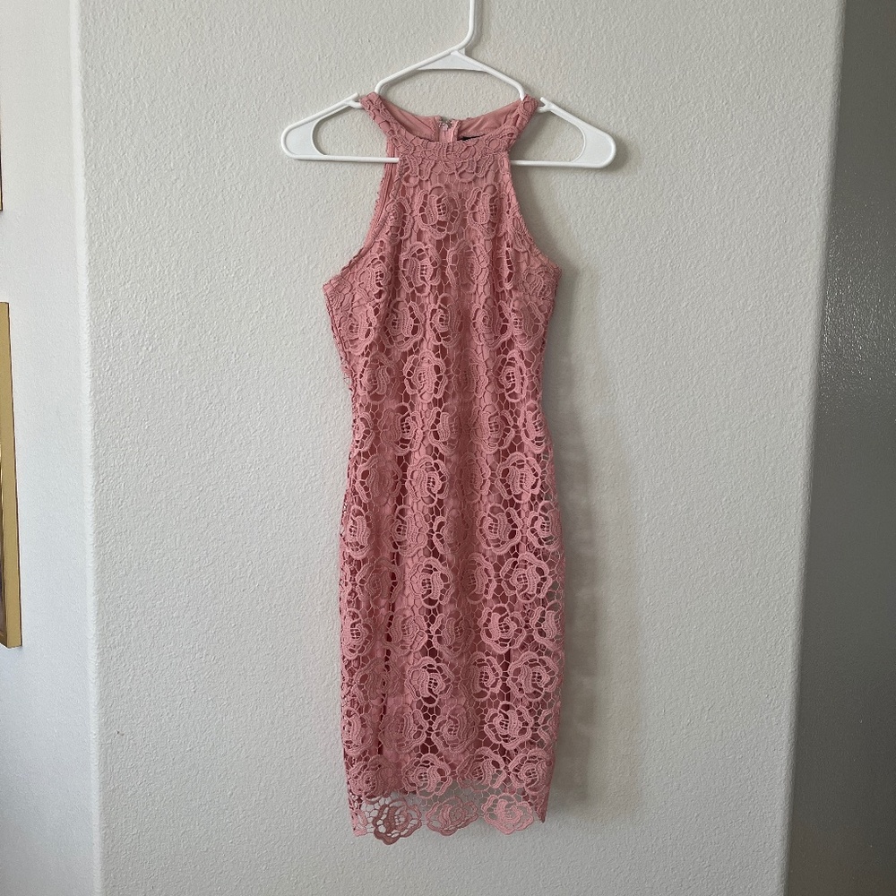 Lace Overlay Dusty Pink Mini Dress - Perfect Wedding Guest Dress!